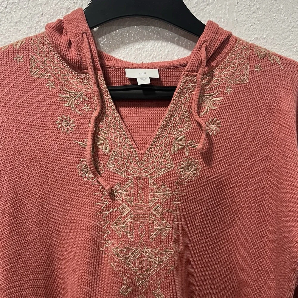 J. Jill Womens Sz M Embroidered Waffle Knit Pullover Drawstring Hoodie Dark Rose